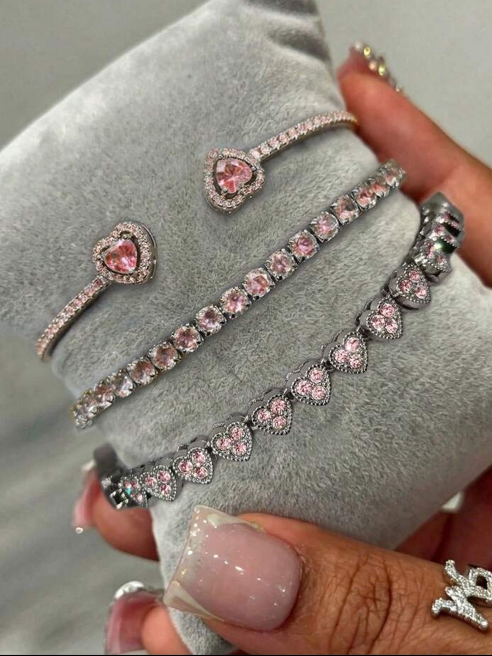 Women's Pink Crystal Heart Bracelet Set - Silver-Tone
